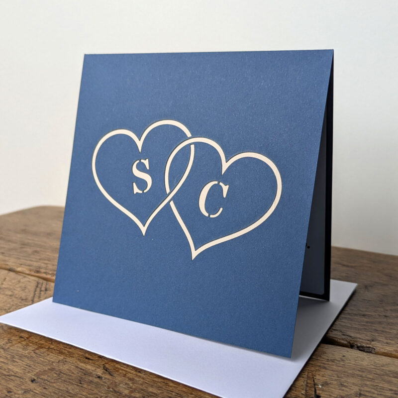 Personalised wedding card with initials and pop-up cake